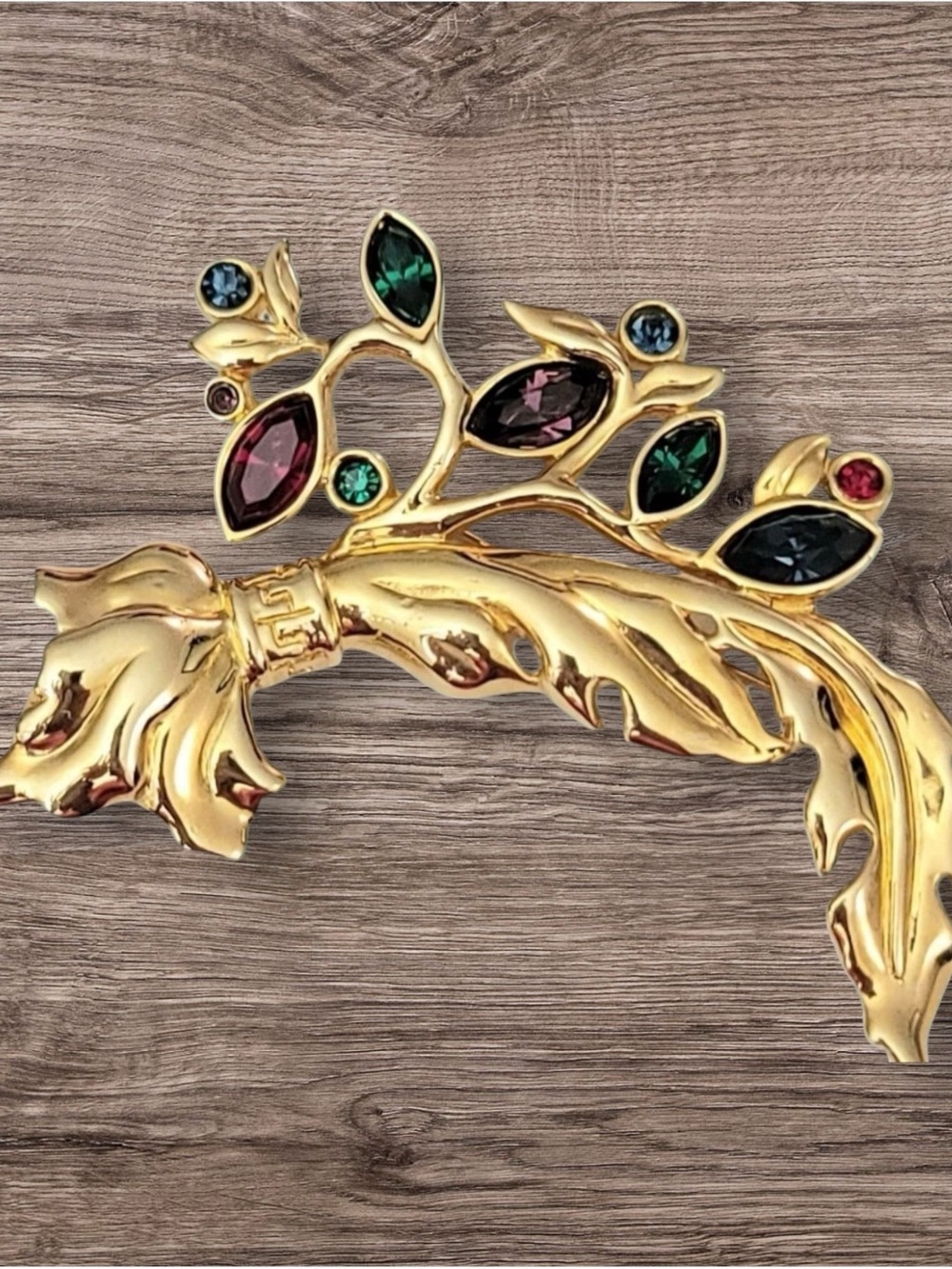 Rare Vintage Swarovski Swan Brooch • Gold Tone Floral Branch • Multicolor 3”